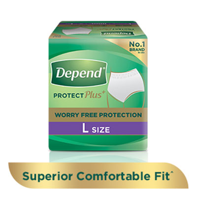 Depend protection plus absorbent pants for incontinence and bladder leakage, with a 'buy now' button and 'learn more' link