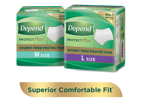 Depend protection plus absorbent pants for leakage protection with 'buy now' button.