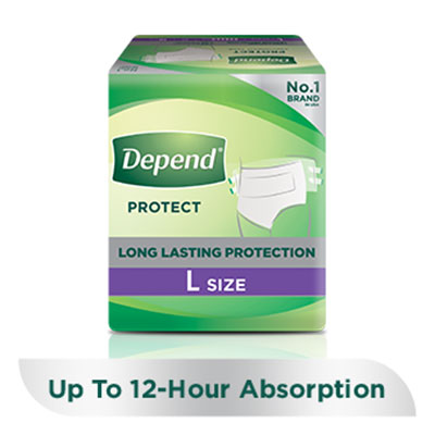 Depend protect absorbent tape pants for incontinence and bladder leakage with a 'buy now' button and a 'learn more' link